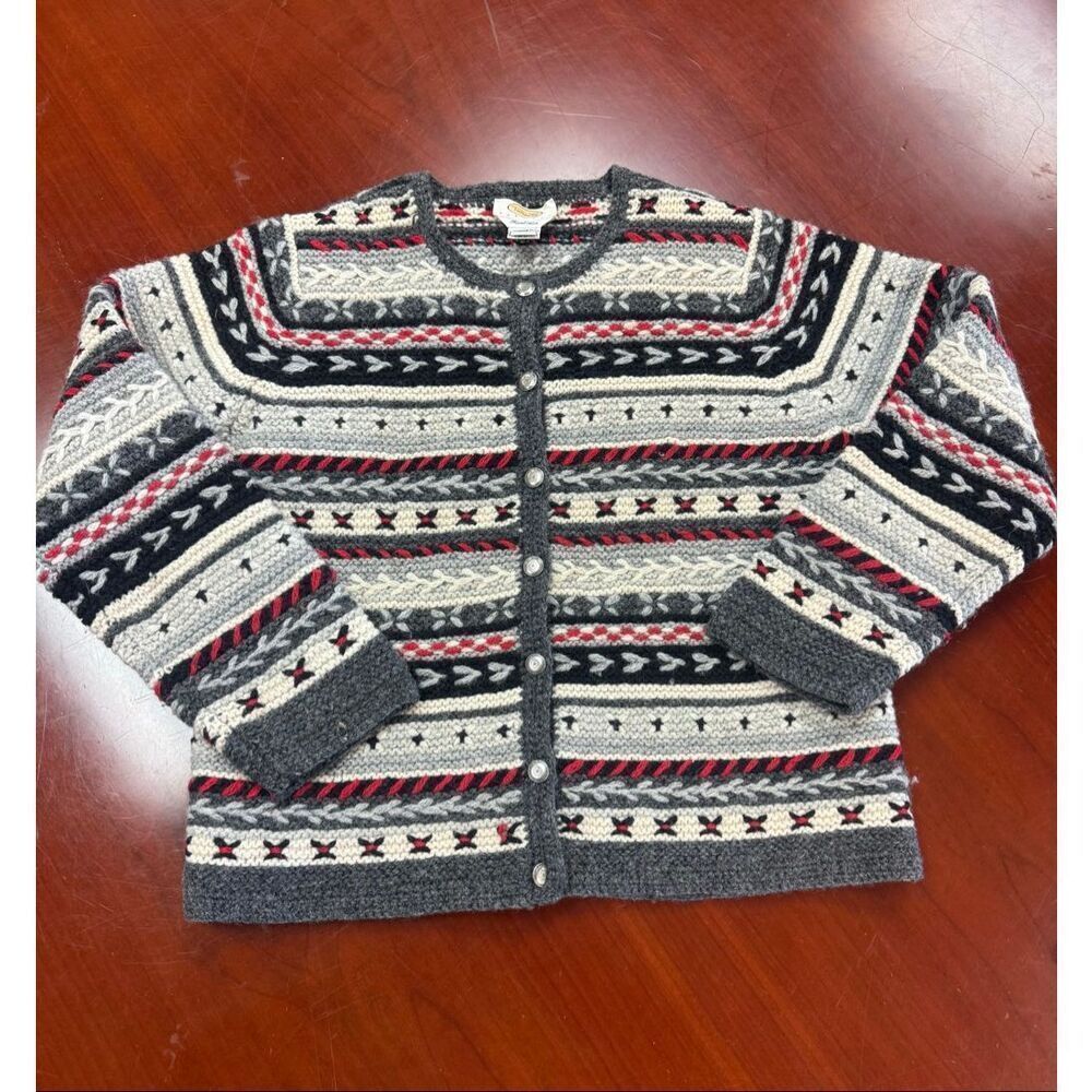 Talbots Hand Knit Gray & Red Wool Faire Isle Cardigan Sweater sz S EUC